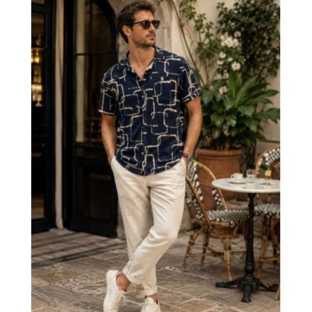 Soul Star England Mens L Geometric Rayon Shirt Euro Summer Resort Retro
